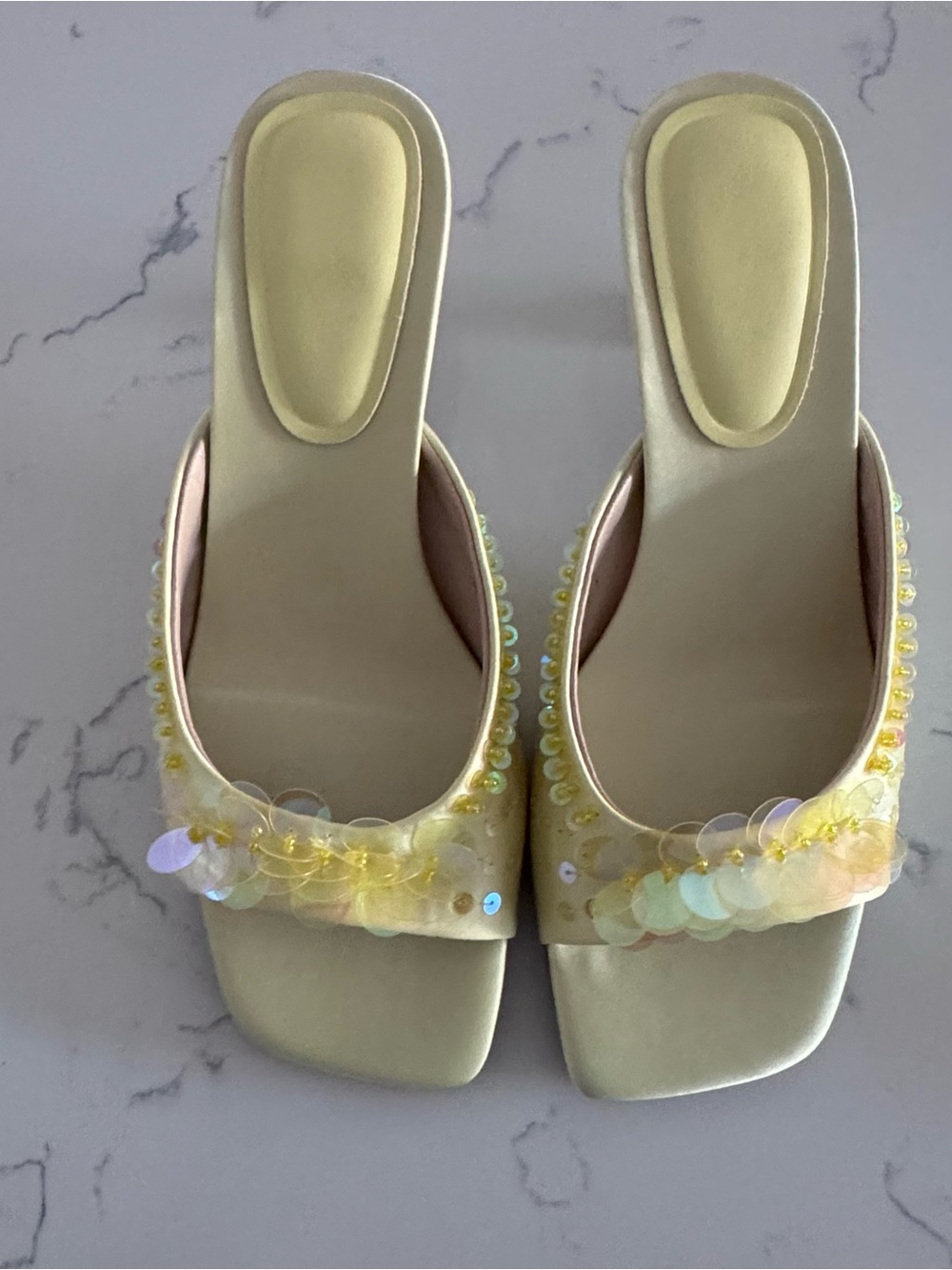 SOVANYOU Yellow Sequin Kitten Heel Mules Size 7 NWB Y2K Fairycore Whimsical